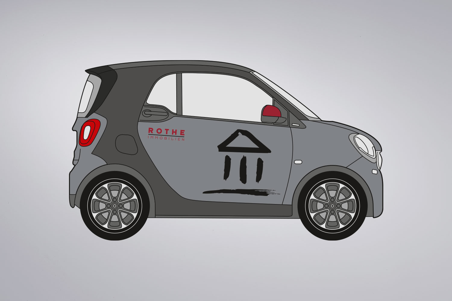Rothe Immobilien: grauer Smart mit rotem Logo und schwarzem Signet