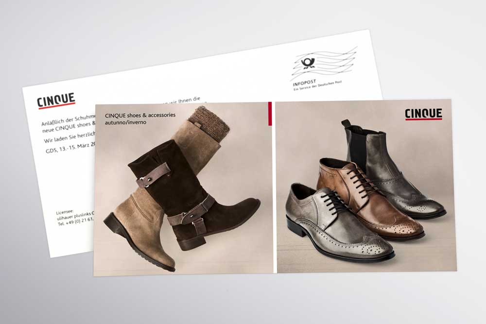 Cinque Mailing Postkarte mit Schuhen und Stiefeln