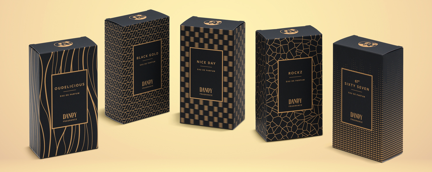 Verpackungsdesign für die Dandy Collection: 5 Verpackungen Eau de Parfum mit verschiedenen Mustern