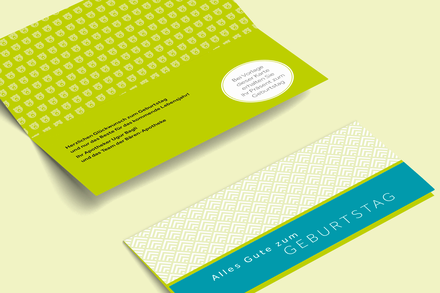 Bärenapotheke Geburtstagskarte mit Muster im Corporate Design