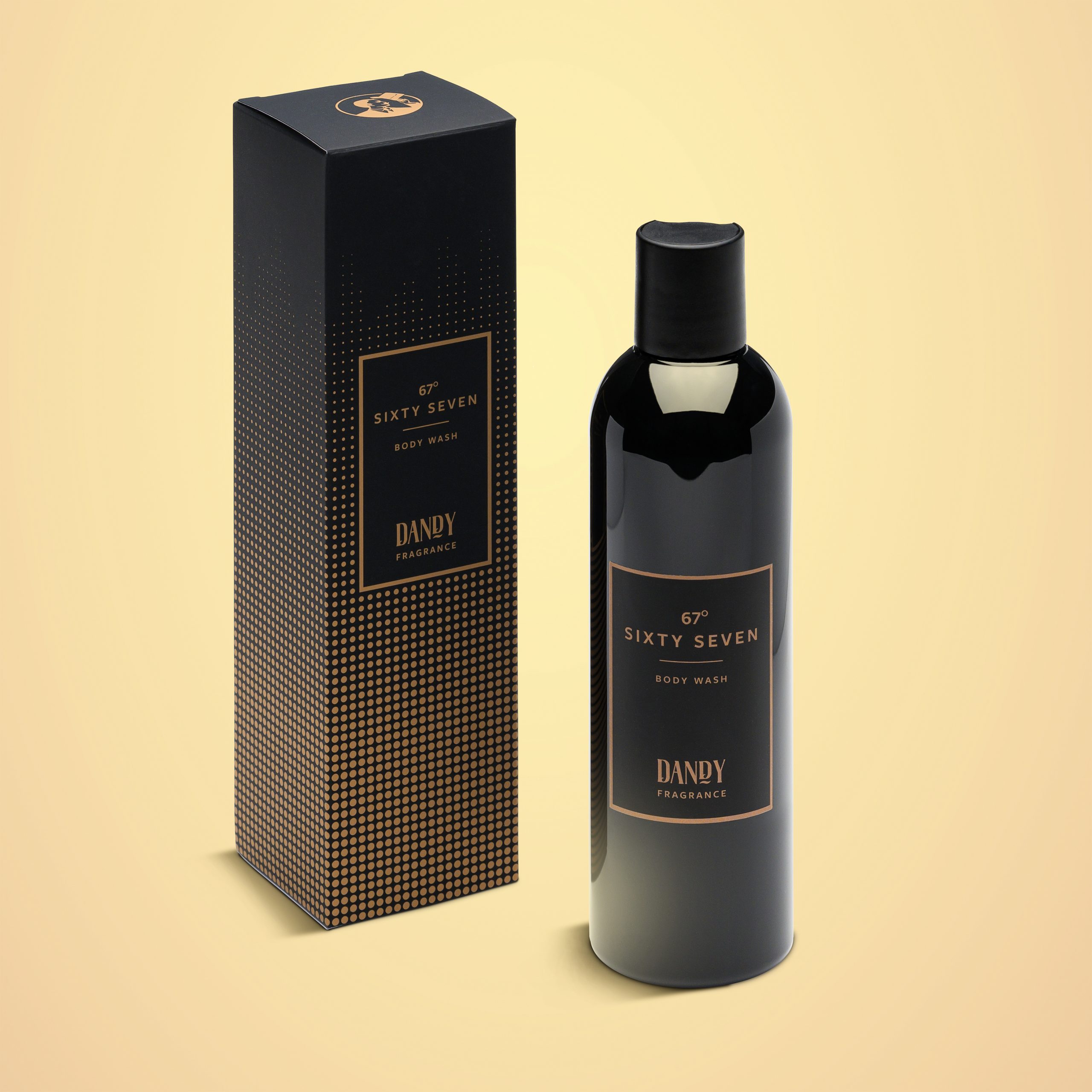 Beispiel für das Verpackungsdesgin einer Body Wash Flasche mit Verpackung der Sorte Sixty Seven 